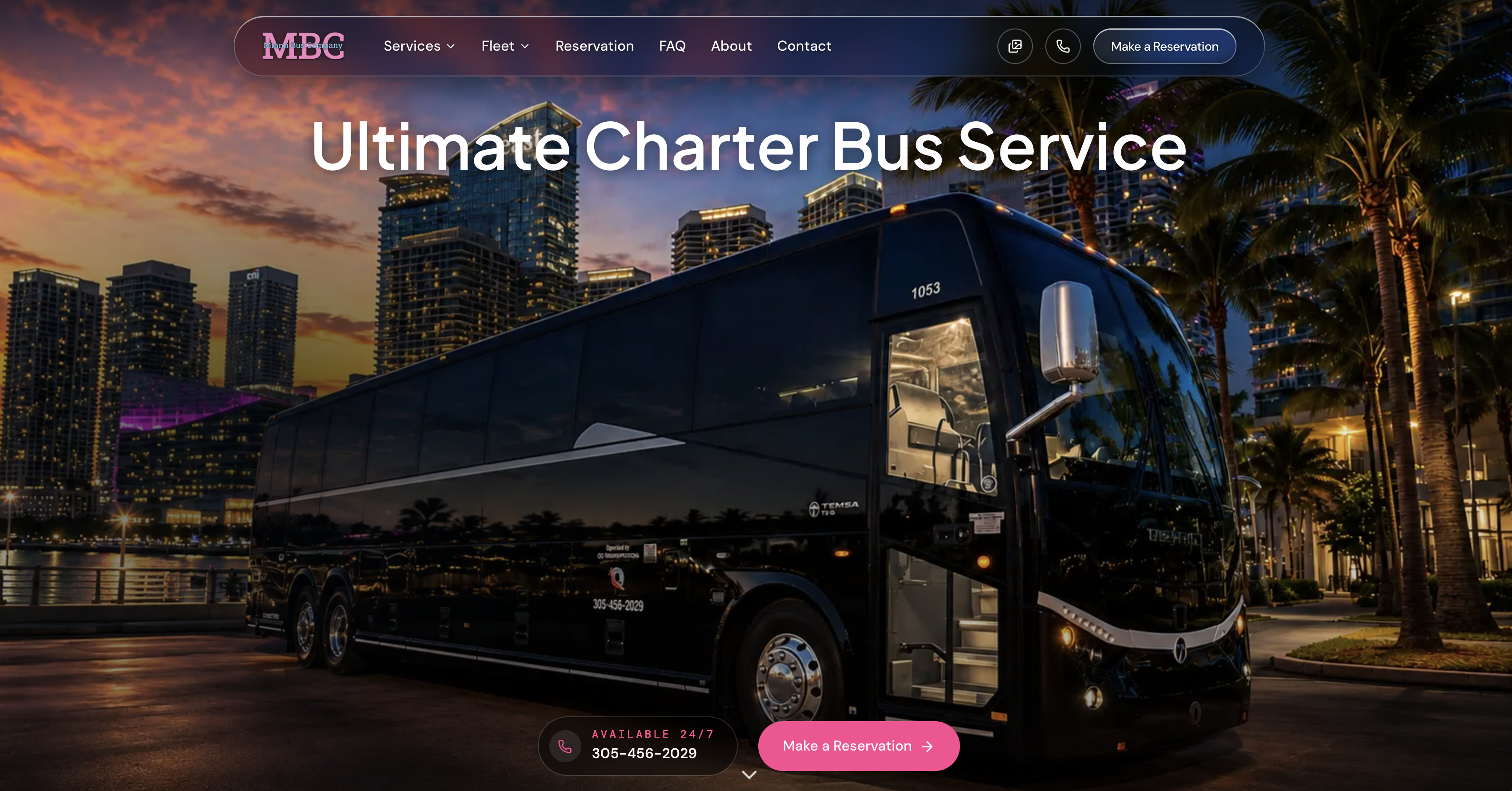 Miami Bus Company website — Full-size motorcoach hero shot against Miami skyline at night, the centerpiece of the custom website built by Growth Choice