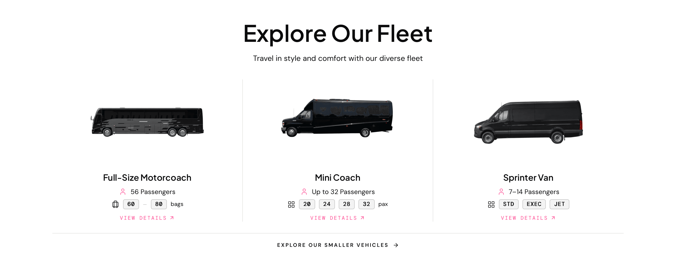 Miami Bus Company website — Fleet page showing Full-Size Motorcoach, Mini Coach, and Sprinter Van with passenger capacity specs