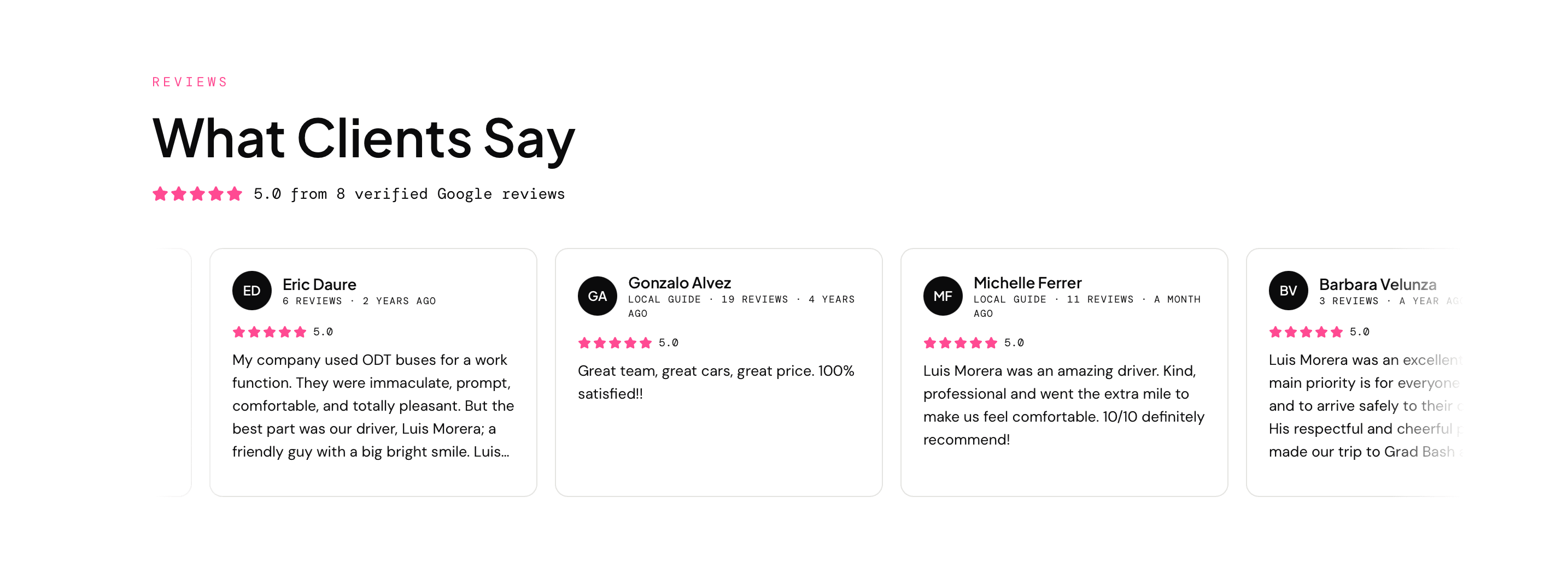 Miami Bus Company website — Client reviews section showing 5-star Google reviews integrated into the custom platform