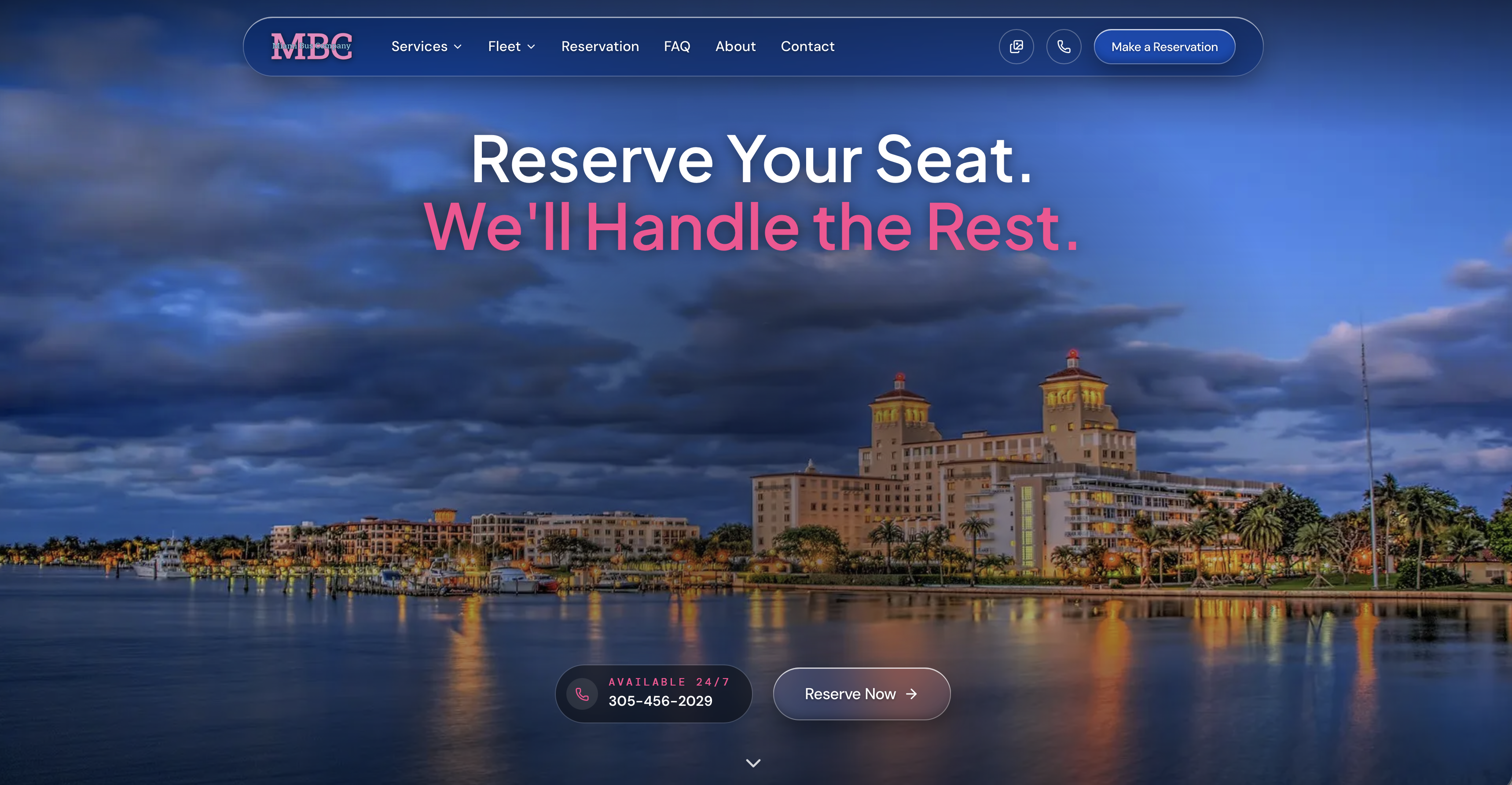 Miami Bus Company website — Reservation page with Miami waterfront hero, custom design built by Growth Choice