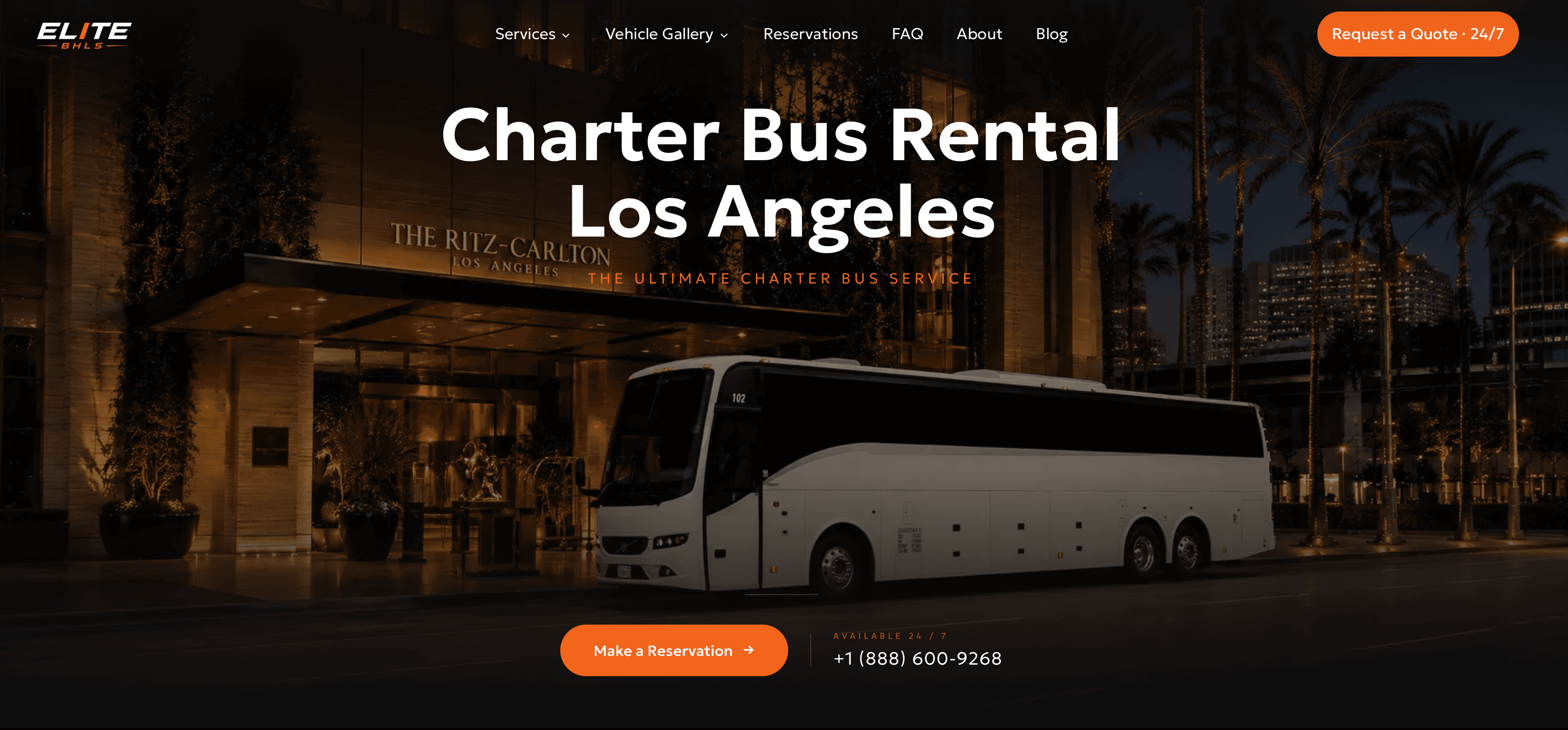 Elite Beverly Hills Limousine charter bus rental Los Angeles landing page — built by Growth Choice targeting high-intent charter bus and group transportation searches, with full-size motorcoach in front of The Ritz-Carlton